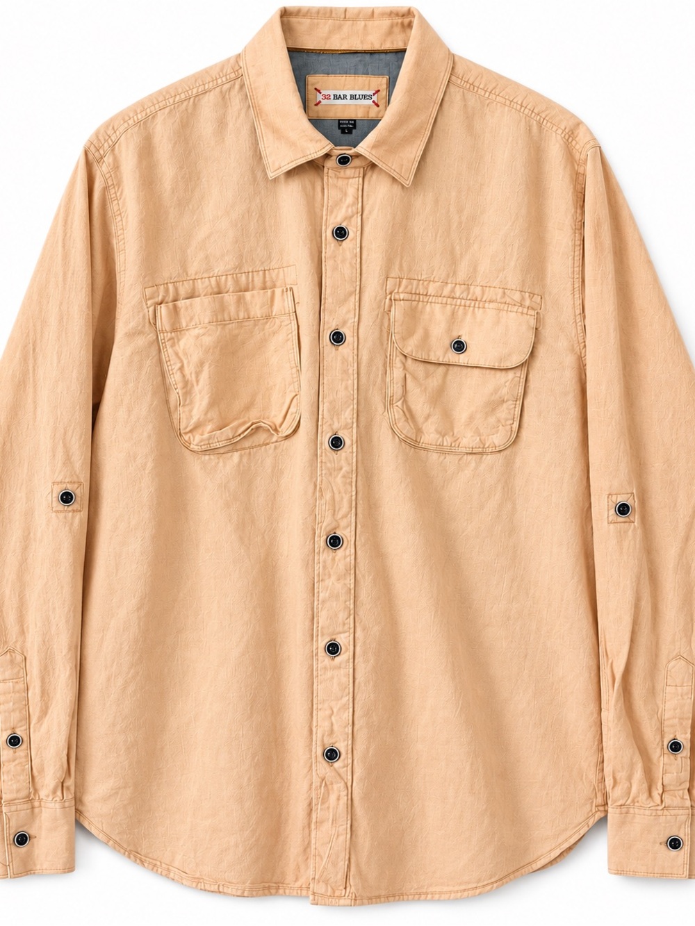 32 Bar Blues Men’s Linen Cotton Button Down Shirt Tan Large Roll Tab